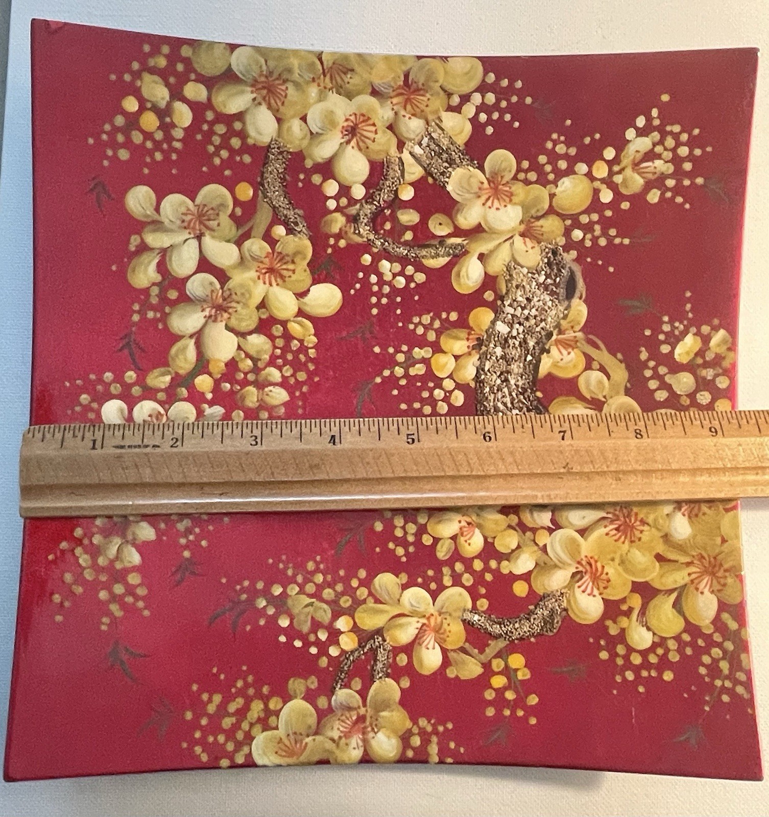 Japanese Lacquer Wall Plaques Cherry Blossoms Red Foil Set of 3