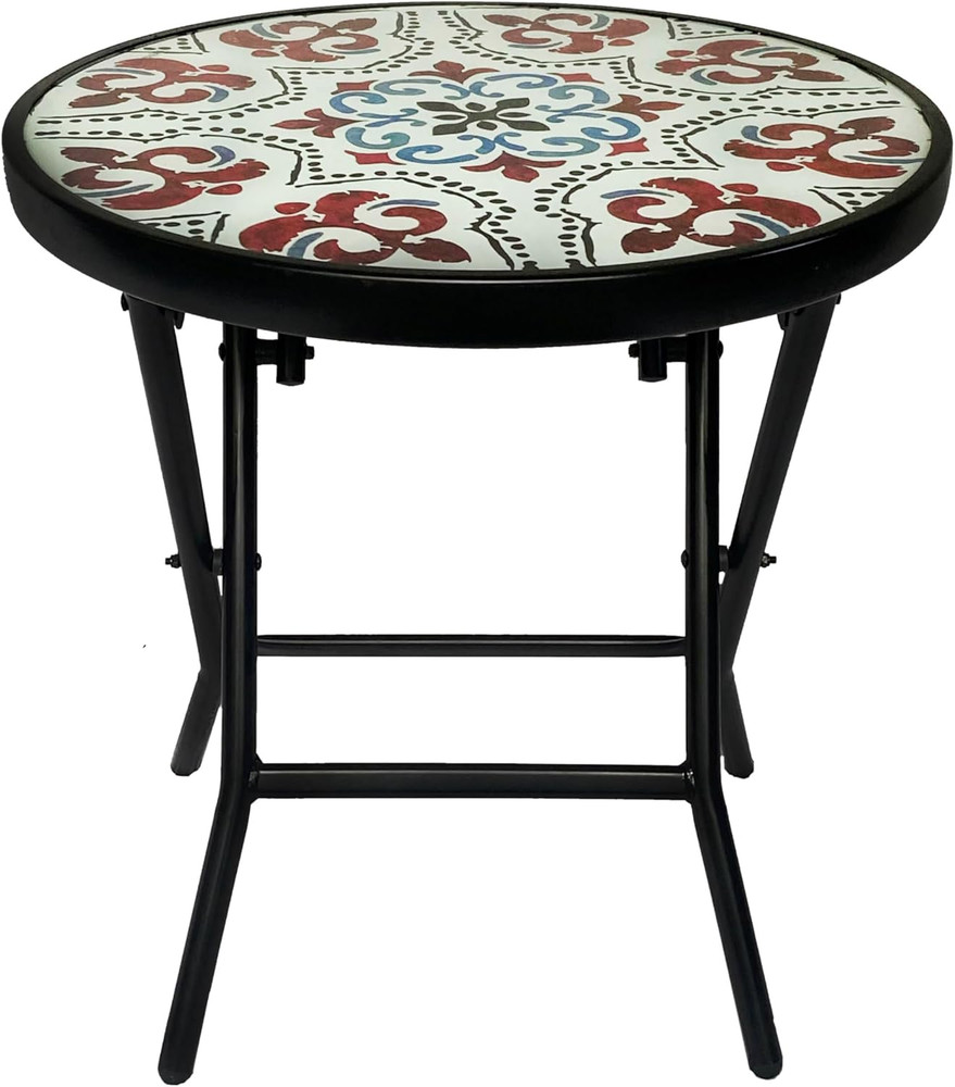 Folding Glass Patio Side Table-Mosaic Pattern-18 Inch
