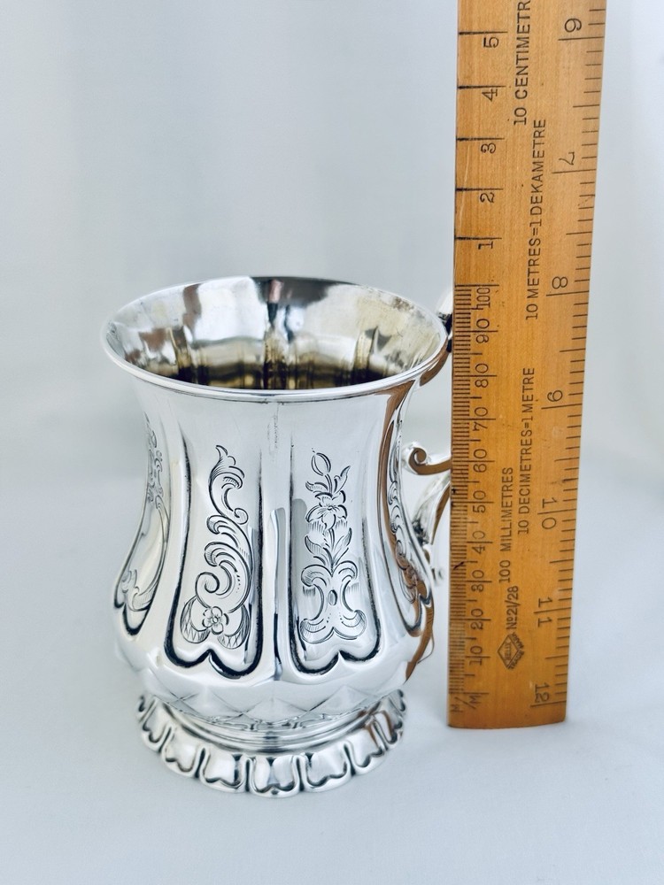 Antique Victorian Solid Sterling Silver Mug Scroll Handle Sheffield 1850