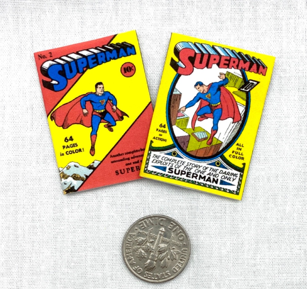 1:6 Scale SUPERMAN COMIC BOOK Set Miniature Readable Illustrated Comic 2 Pc DC
