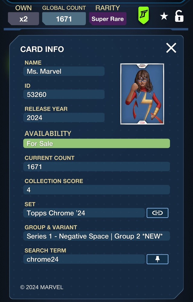 Ms. Marvel- SUPER RARE - 2024 Topps Chrome Marvel - NEGATIVE SPACE Topps Digital