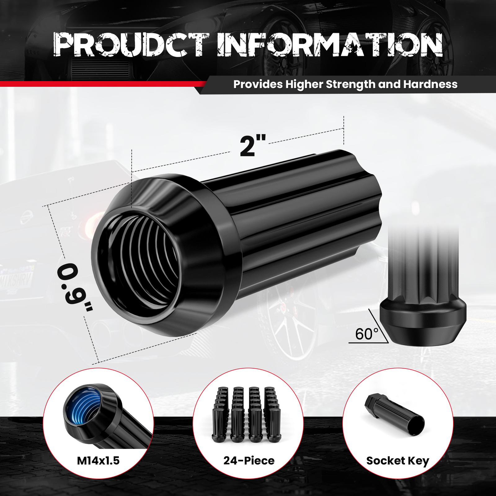 Set of 24 Epoch Spline Lug Nut Kit Black 14mm x 1.5 2" Tall M14x1.5 Super Duty