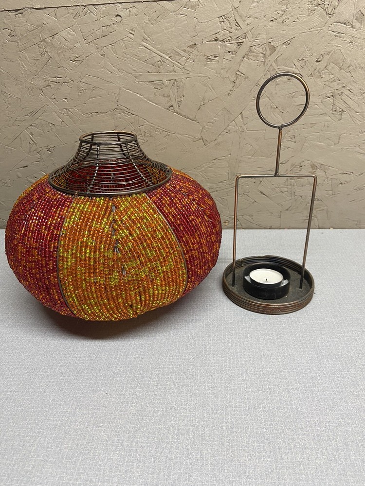Beaded Orange & Yellow Beaded Round Tea Light Holder