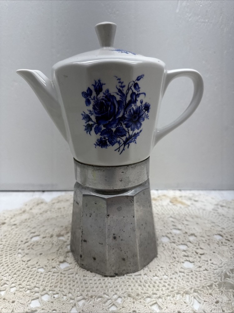 Vintage Ceramic Coffee Maker With Blue Floral Pattern