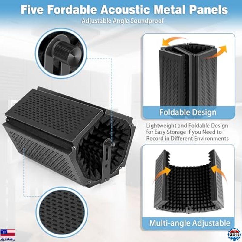 Mic Isolation Shield with Stand Curved Panel for Microphone, Foldable Mic Shield