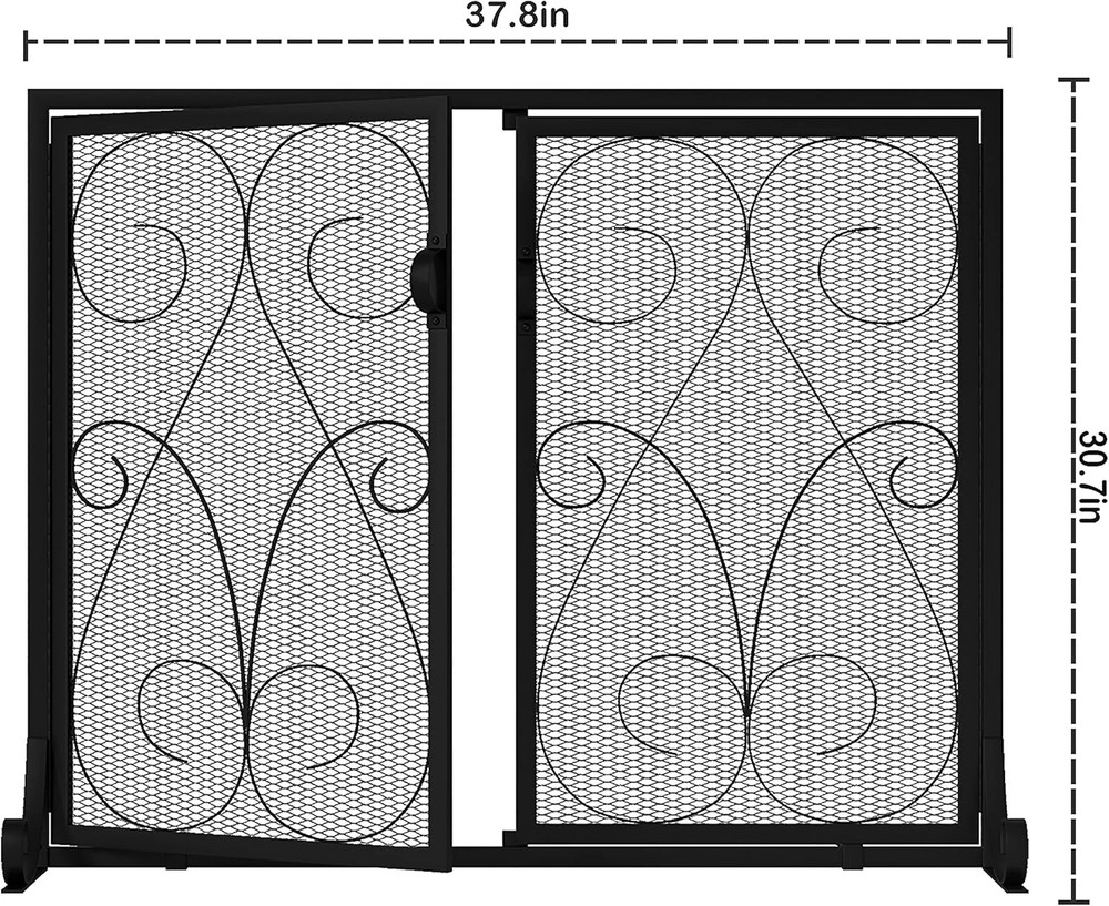 2 Panel Fireplace Screen with Doors Handcrafted Wrought Iron Decorative Mesh