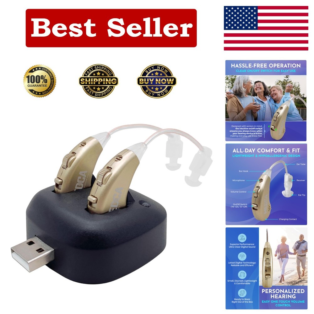 Compact Rechargeable BTE Hearing Amplifiers - Stylish Gold with Easy Control