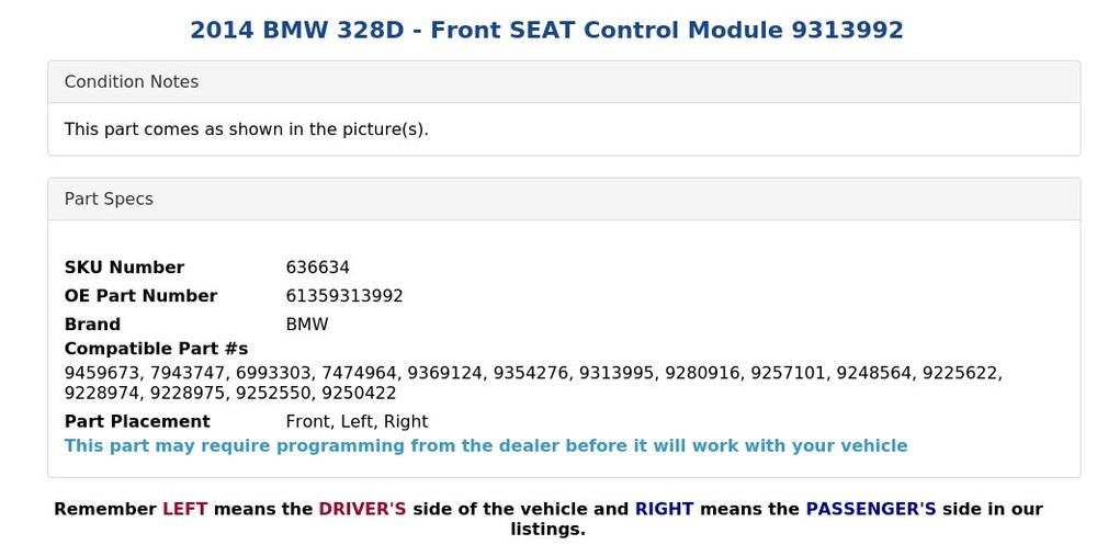 2014 BMW 328D - Front SEAT Control Module 9313992