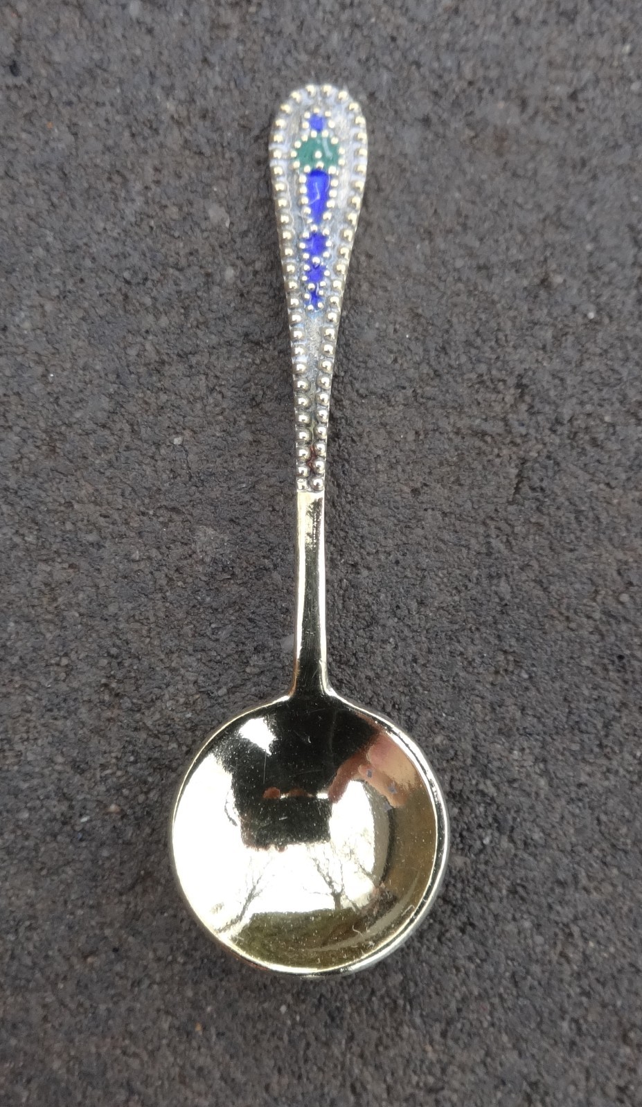 Enameled 875 Silver w/Gold Vermeil Russian Open Salt Dip, Cellar, Dish SPOON!