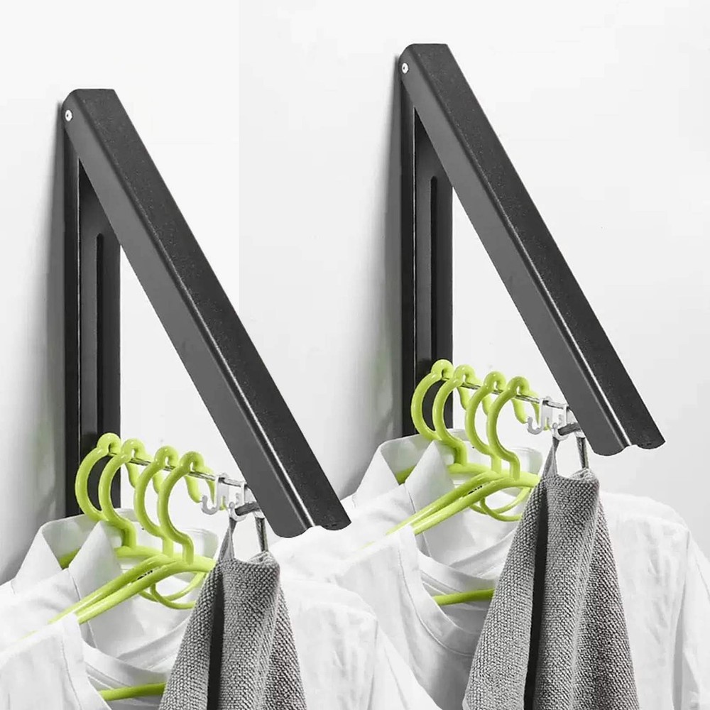 2 PCS Black Retractable Wall Mounted Clothes Rack Folding Drying Hanger