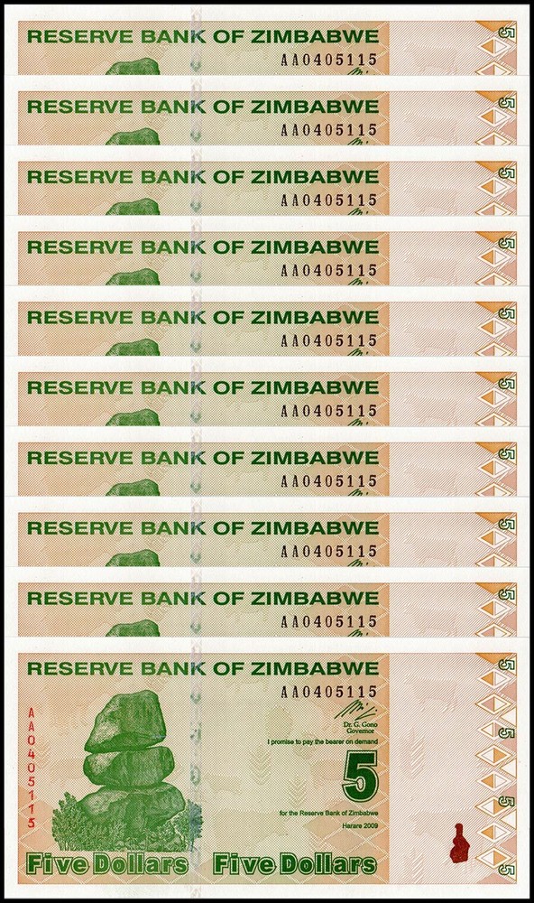 Zimbabwe 5 Dollars, 2009, P-93, UNC X 10 PCS