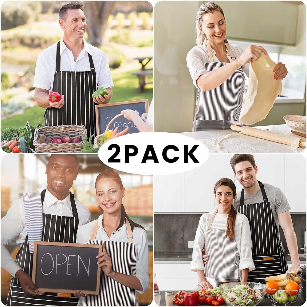2 Pack Adjustable Bib Apron with 2 Pockets Chef Cooking Black/Brown Stripes