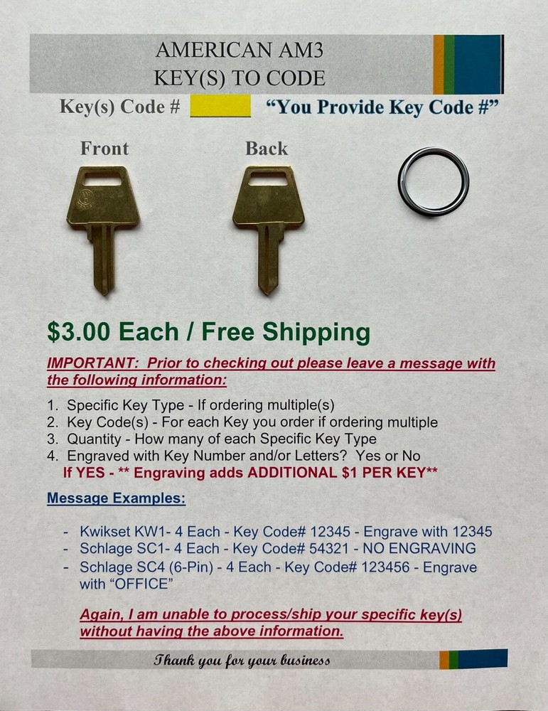 Kwikset Schlage American Yale - Keys Cut to Code - Computerized Cut - 4 Total