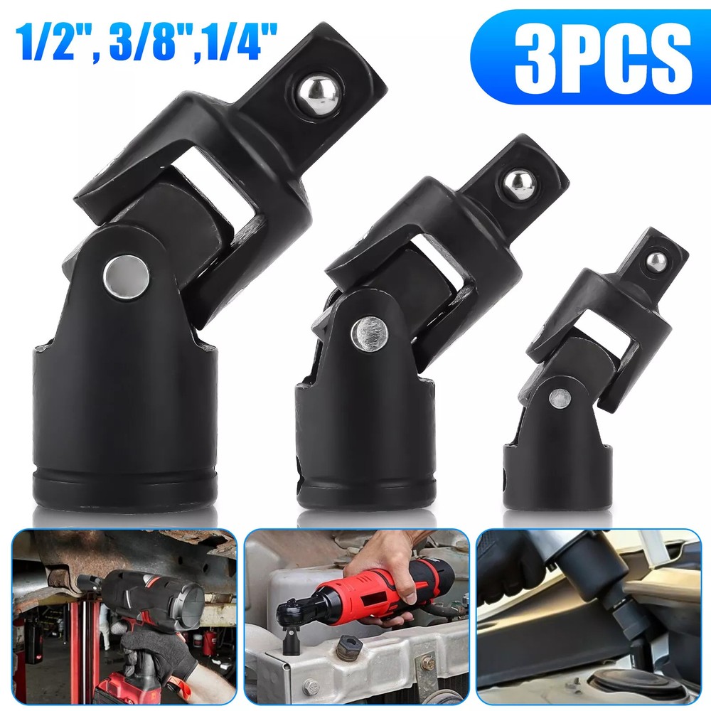 3x 1/4" 3/8" 1/2" Drive Swivel Impact Universal Joint Socket Adapter Tool Set