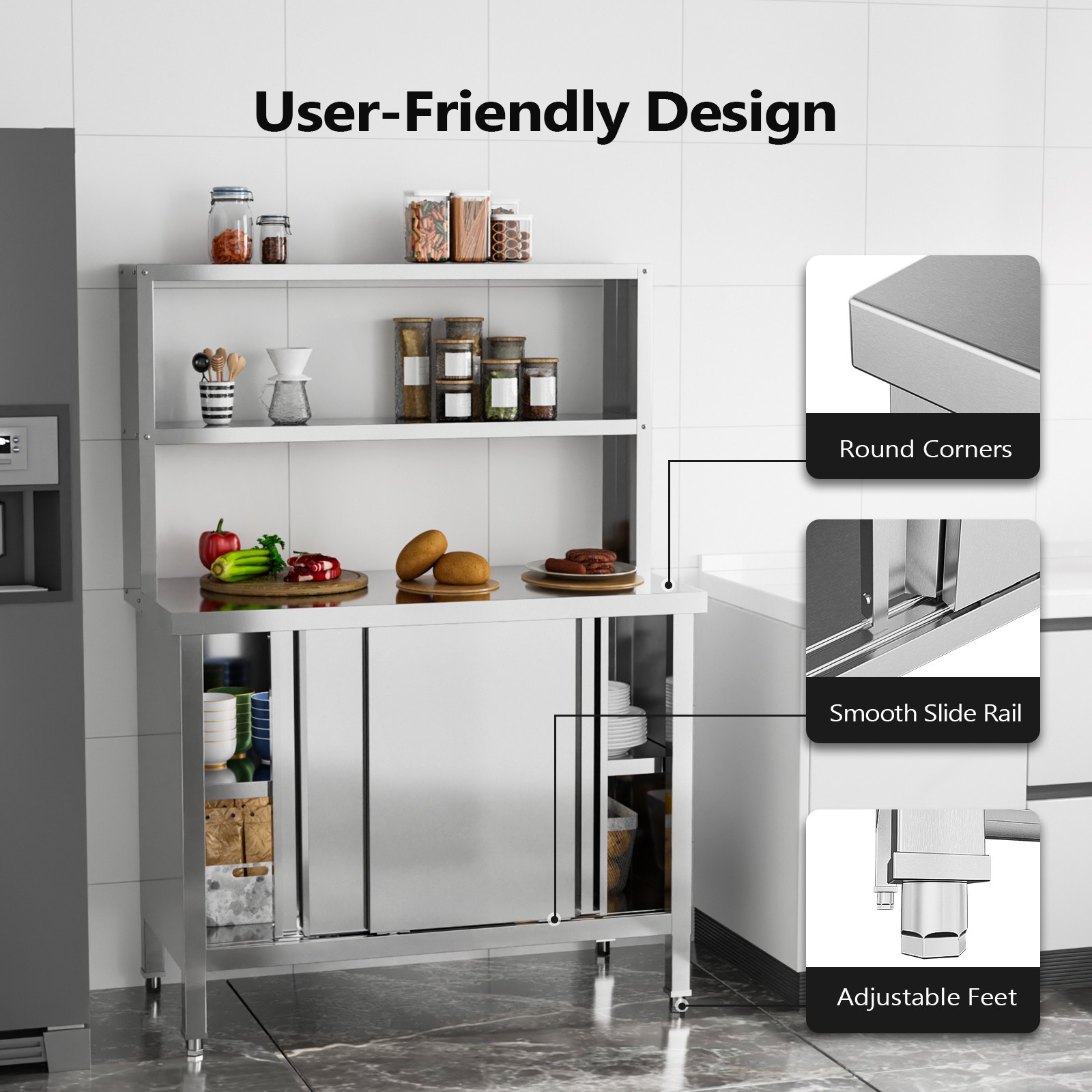 Stainless Steel Table Heavy Duty Pre Table with Overshelves and Storage Cabinet