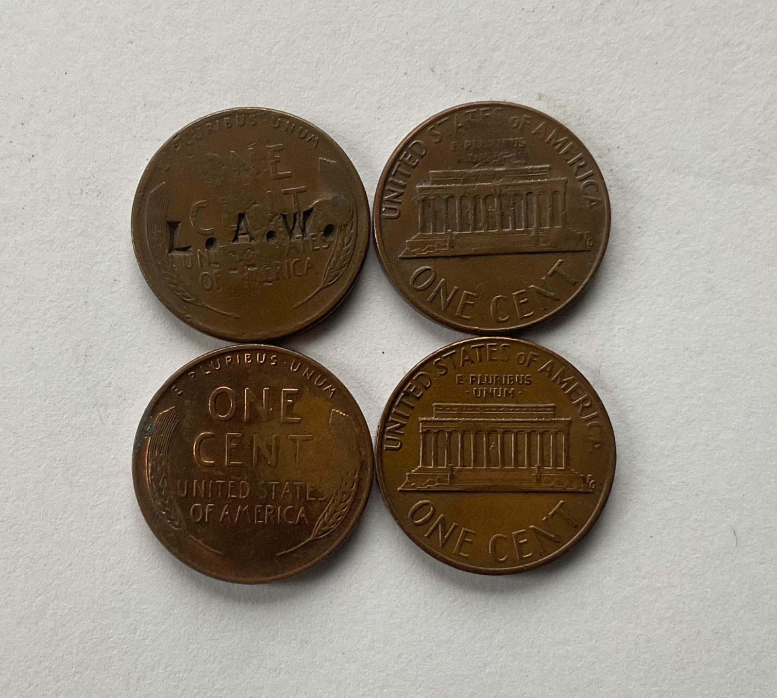 (4) LINCOLN WHEAT & MEMORIAL CENT OBVERSE STAMPED=KENNEDY-MASON-I LOVE YOU