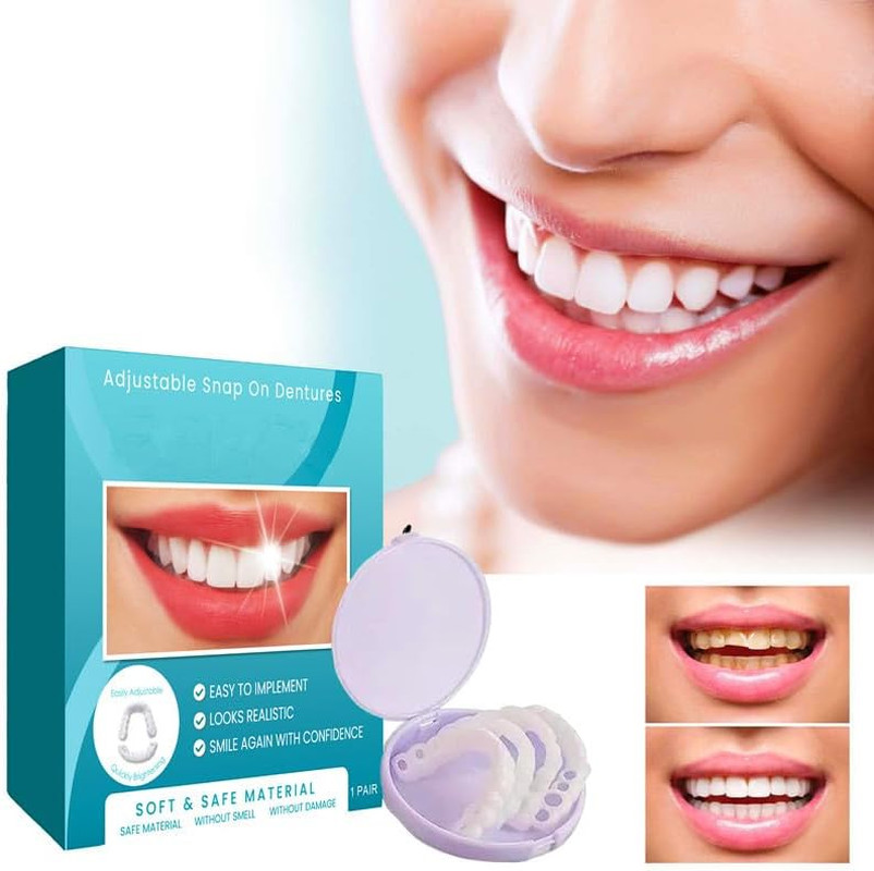 Adjustable Snap-On Dentures, Soft Safe Material, Realistic Looking Temporary Den