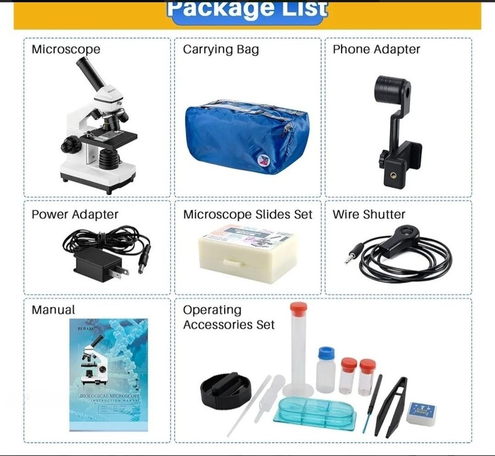 BEBANG 100X-2000X Compound Microscope With Slides And Operating Accessories