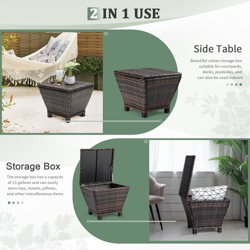 Outdoor PE Wicker Side Table with Storage, Small Patio Storage Bin Container