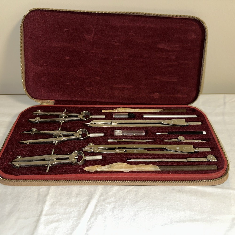 Vintage Compass Drafting Instrument Set, Zippered Case-Engineering Drawing Tools