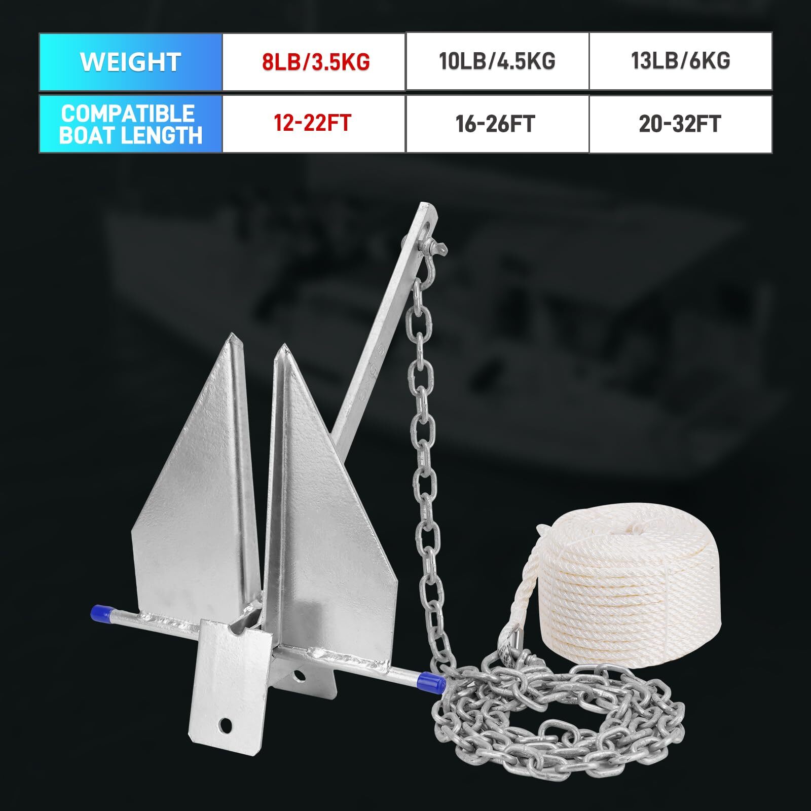 Heavy Duty Boat Anchor Kit with Anchor Chain, Shackle and Anchor Rope, 8 lb