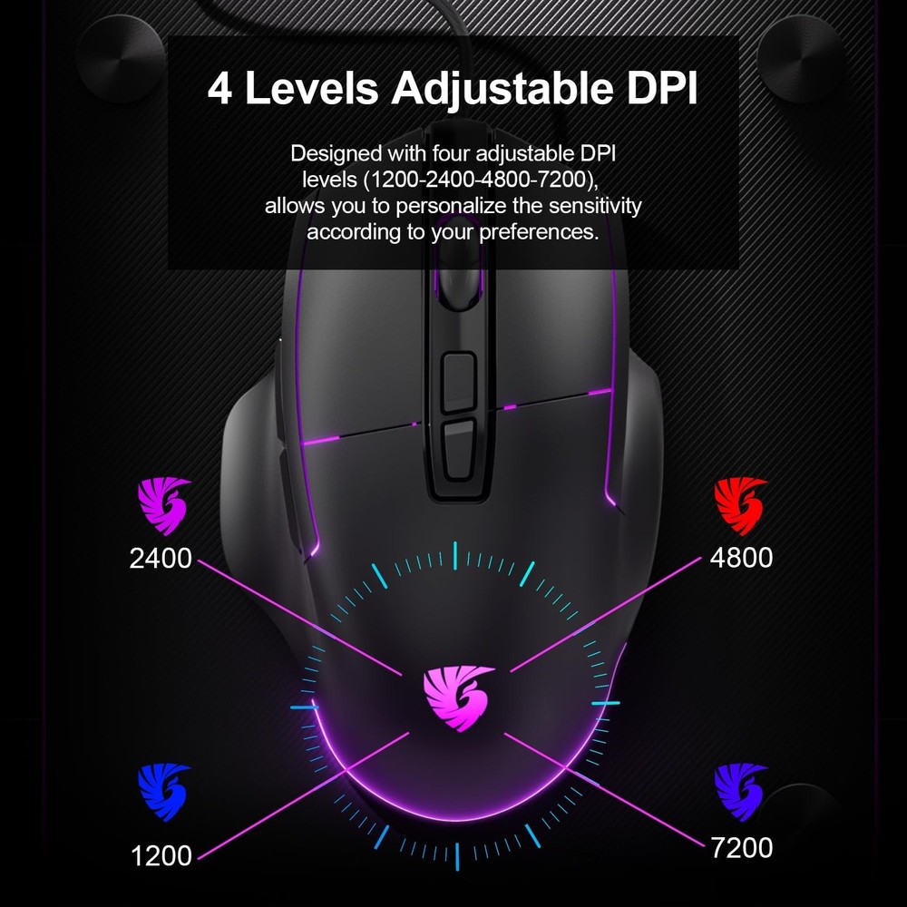 Wired Gaming Mouse - USB Computer Corded Mice with 7200DPI, 7-Button Programm...