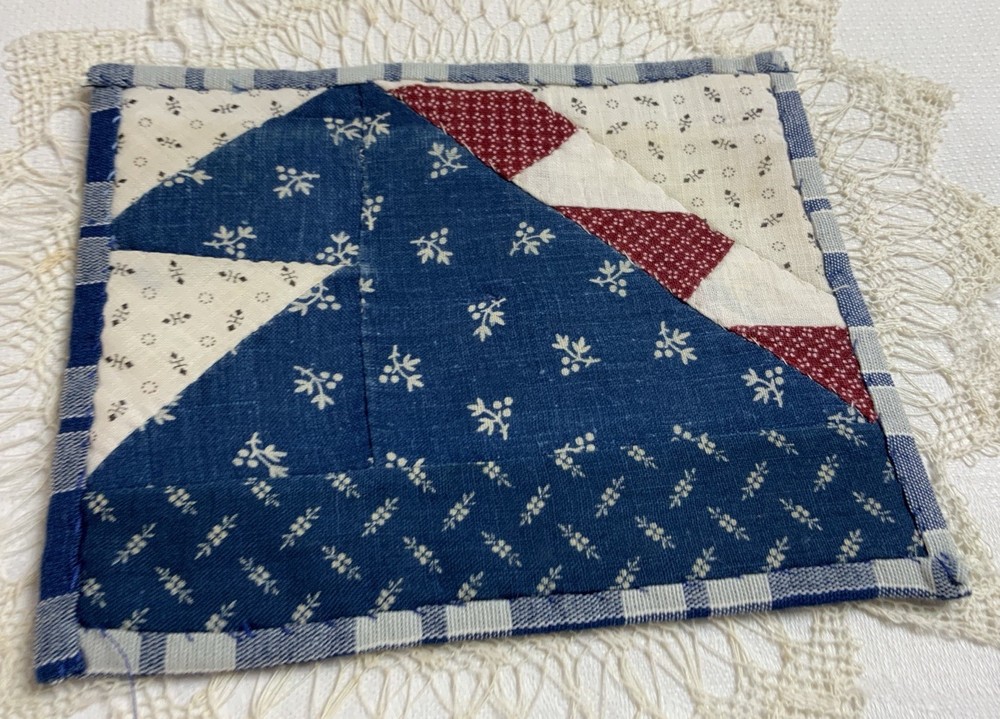 Antique Patchwork Quilt Table Topper, Early Calicos, Triangles, Small, Red, Navy