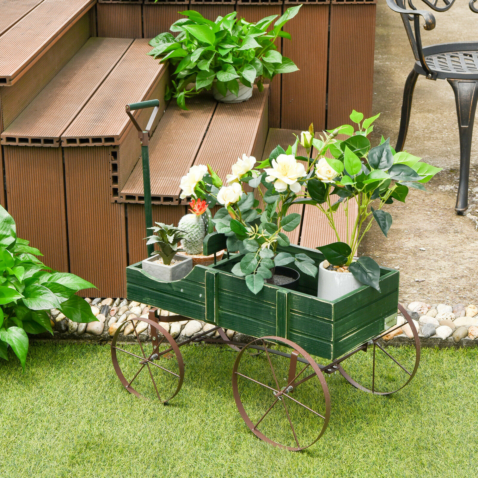 Garden Plant Planter Wooden Wagon Planter W/ Wheel Garden Yard Green