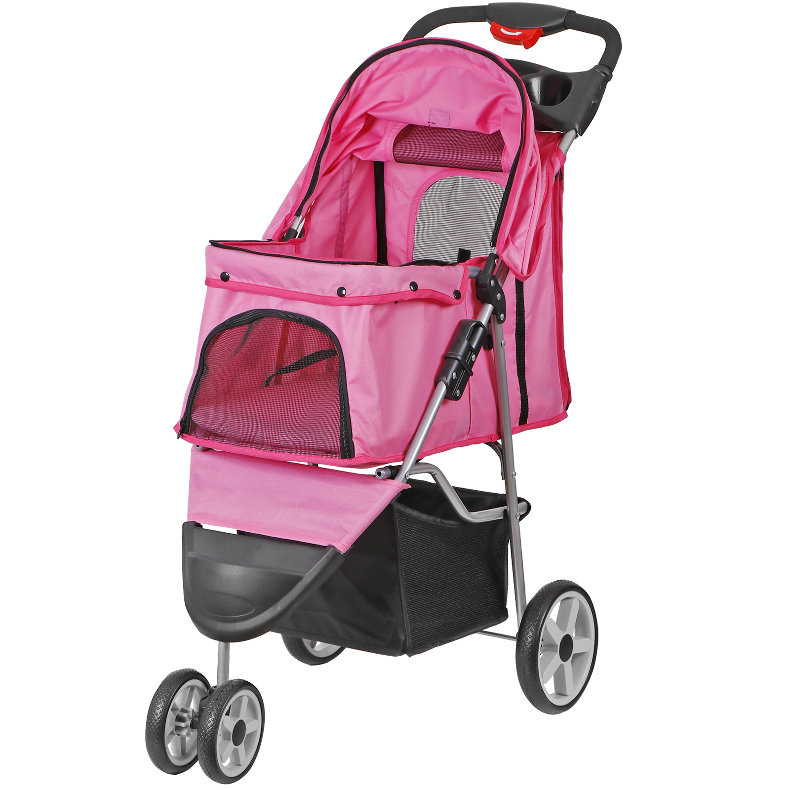 3 Wheels Pet Stroller Foldable Dog Stroller Cart Cat Carrier w/Cup Holder Pink