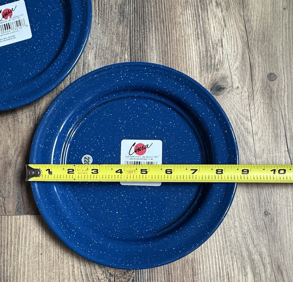 2 CINSA MEXICO DINNER PLATES ENAMELWARE GRANITEWARE CAMPWARE BLUE