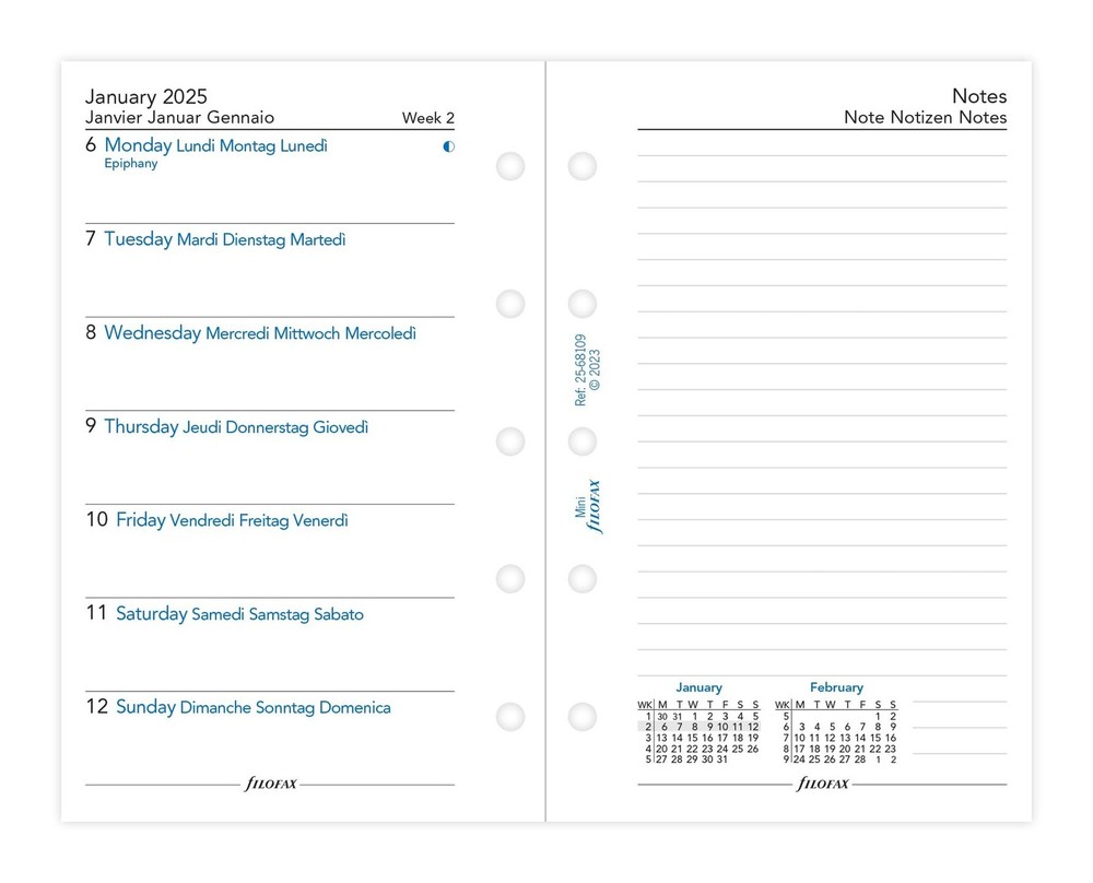 Filofax Mini week per page with notes 4 language 2025 diary White Multilanguage