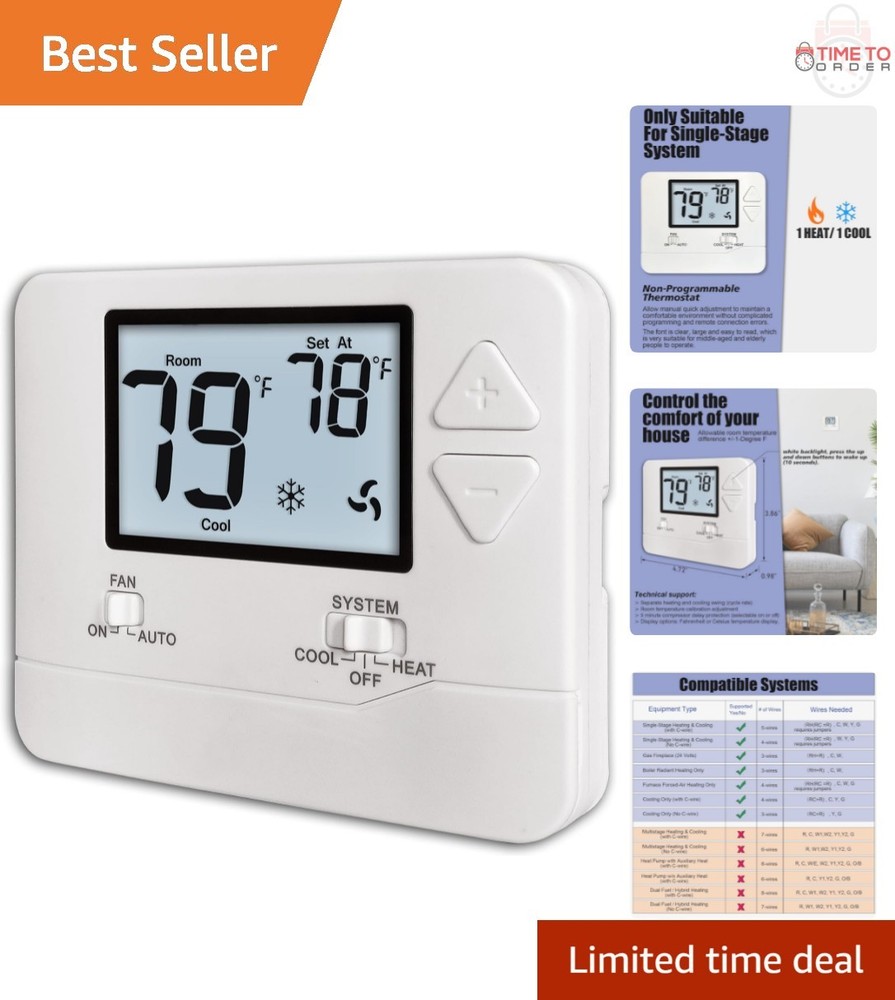 Non-Programmable Thermostat for Home Single-Stage Systems White Backlight
