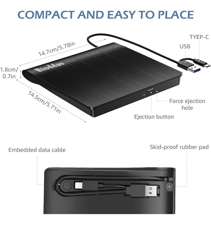 Disk Duplicator External DVD Drive USB 3.0 Type C Portable CD