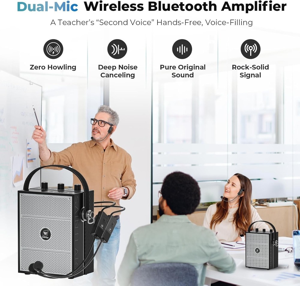 Wireless Bluetooth Amplifier, Portable, w/ 2 Headset Microphones for Instructors