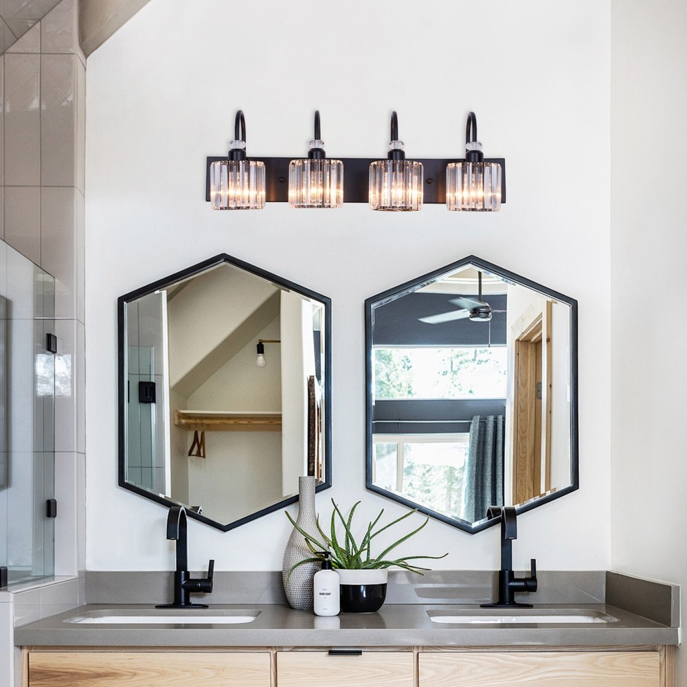 31.5" 4-Light Black Crystal Vanity Light, E26 Base, Iron Frame, , No Bulbs