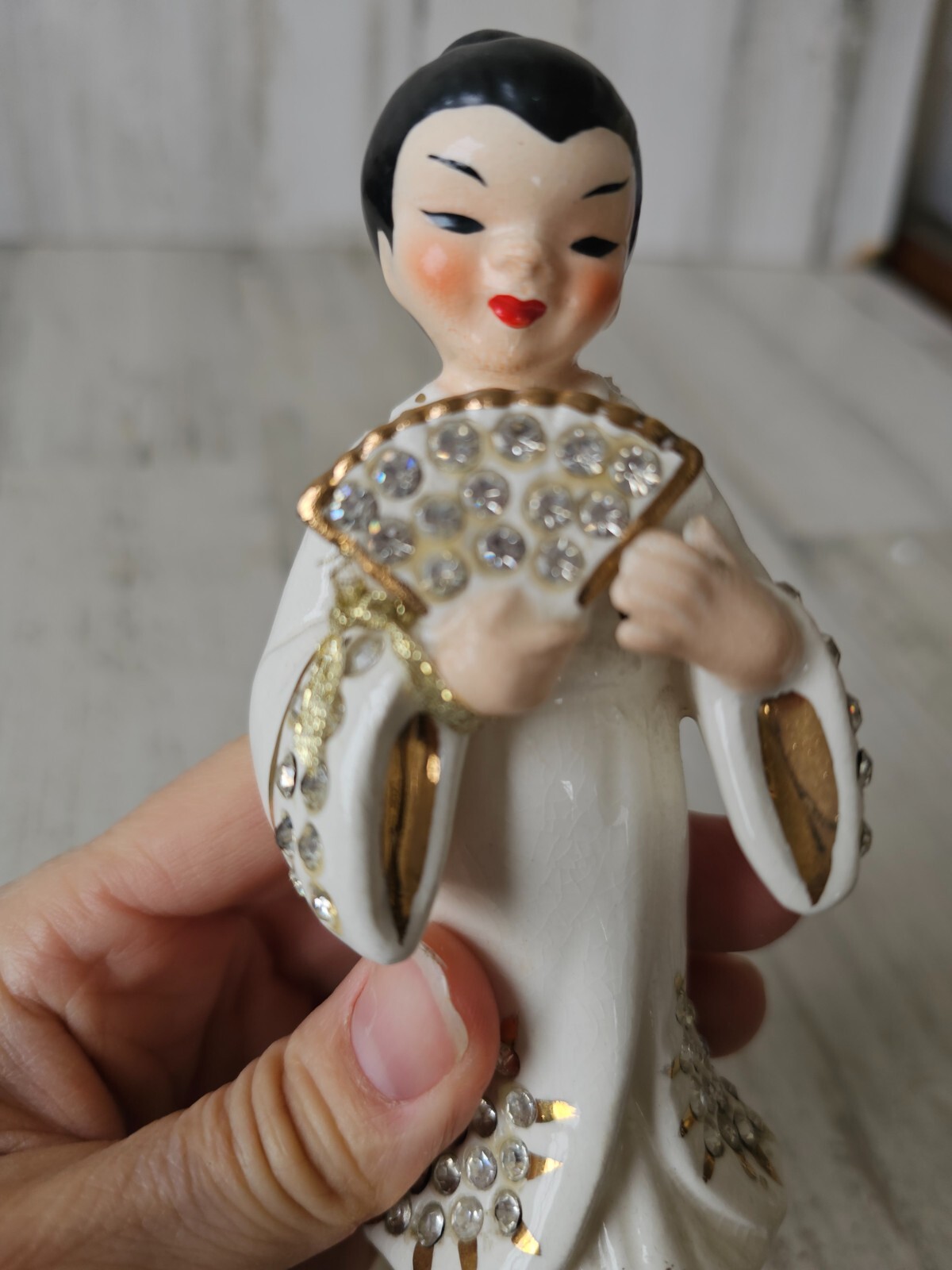 Lefton vintage geisha lady fan statue figurine rhinestone Japanese