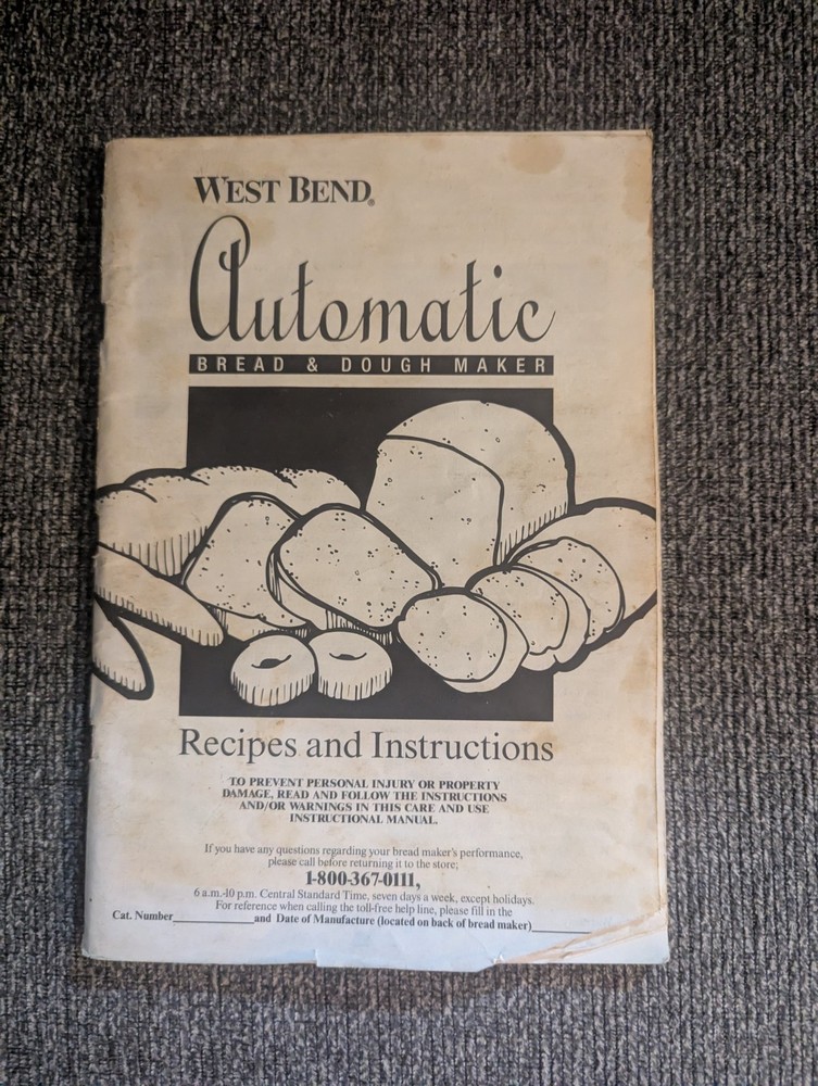 West Bend Bread Machine Recipes And Instructions Manual Only