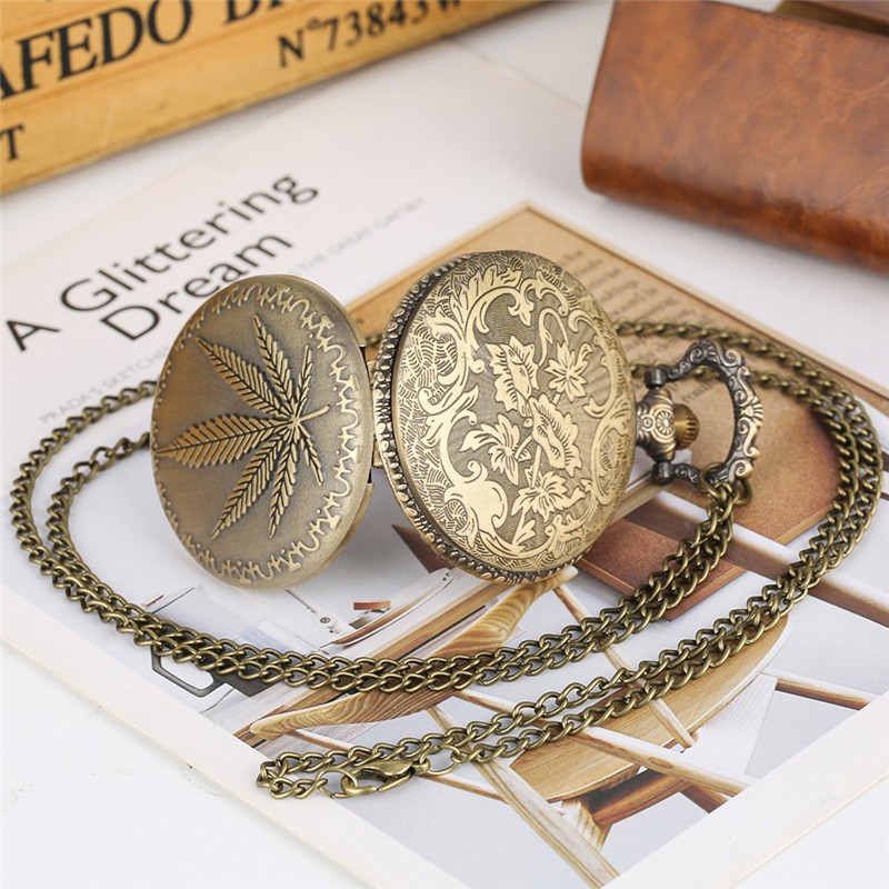 Bronze Engraved Leaf Pattern Full Hunter Quartz Pocket Watch Arabic Number Dial