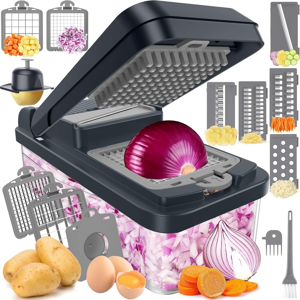 12-in-1 Vegetable Chopper, Kitchen Gadgets with 7 Blades, 7 Gray