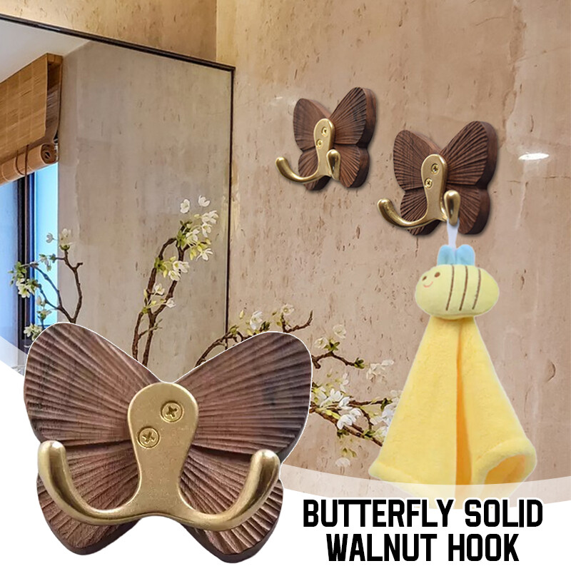 Butterfly Solid Wood Creative Walnut Traceless Adhesive Coat Door Clothes Hook.