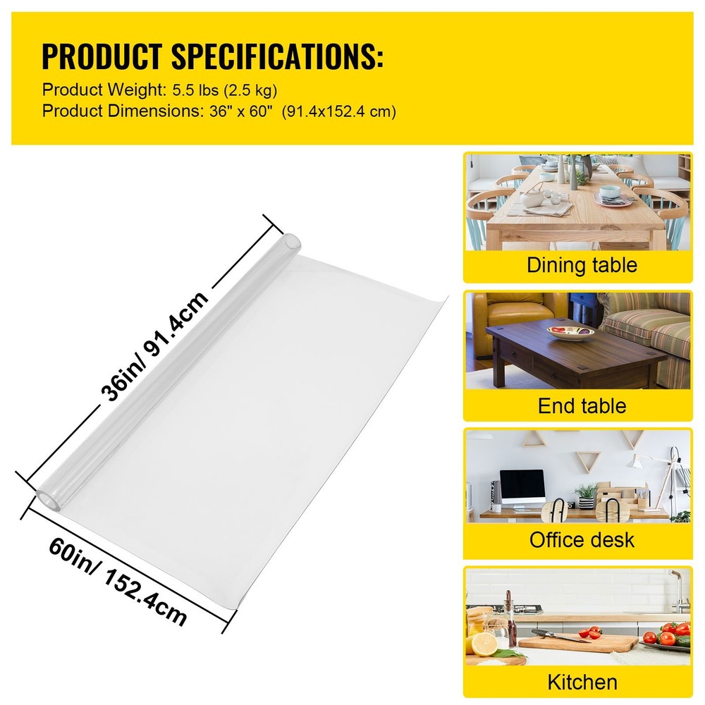 Plastic Table Cover 36 x 60 Inch, 1.5 mm Thick Clear Table Protector, Rectangle