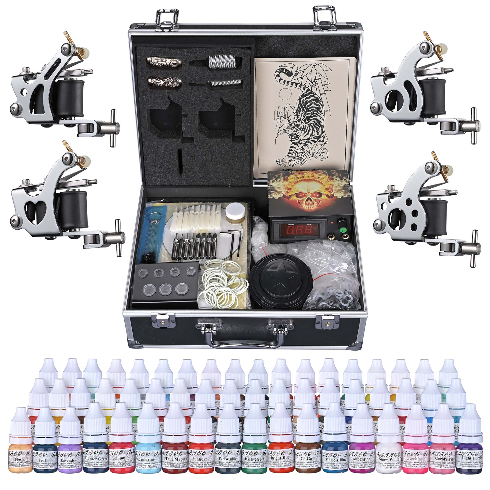 Complete Tattoo Machine Kit 4 Guns 54 Ink Power Supply Needles Grip Tip w/ Case