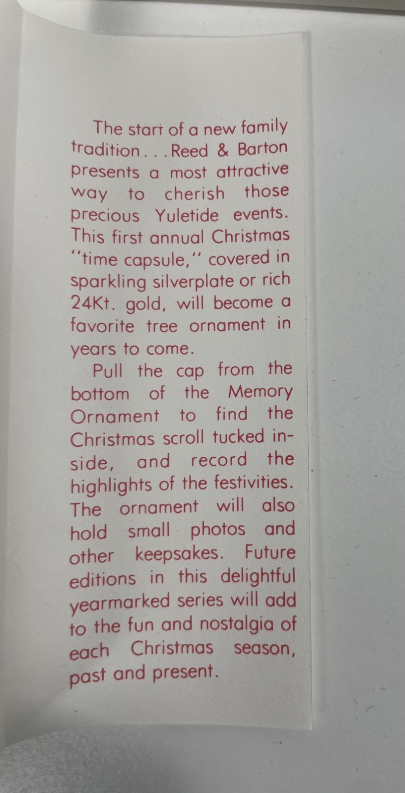 Vintage REED & BARTON Christmas memory ornament Gold-Plated Time Capsule 1982