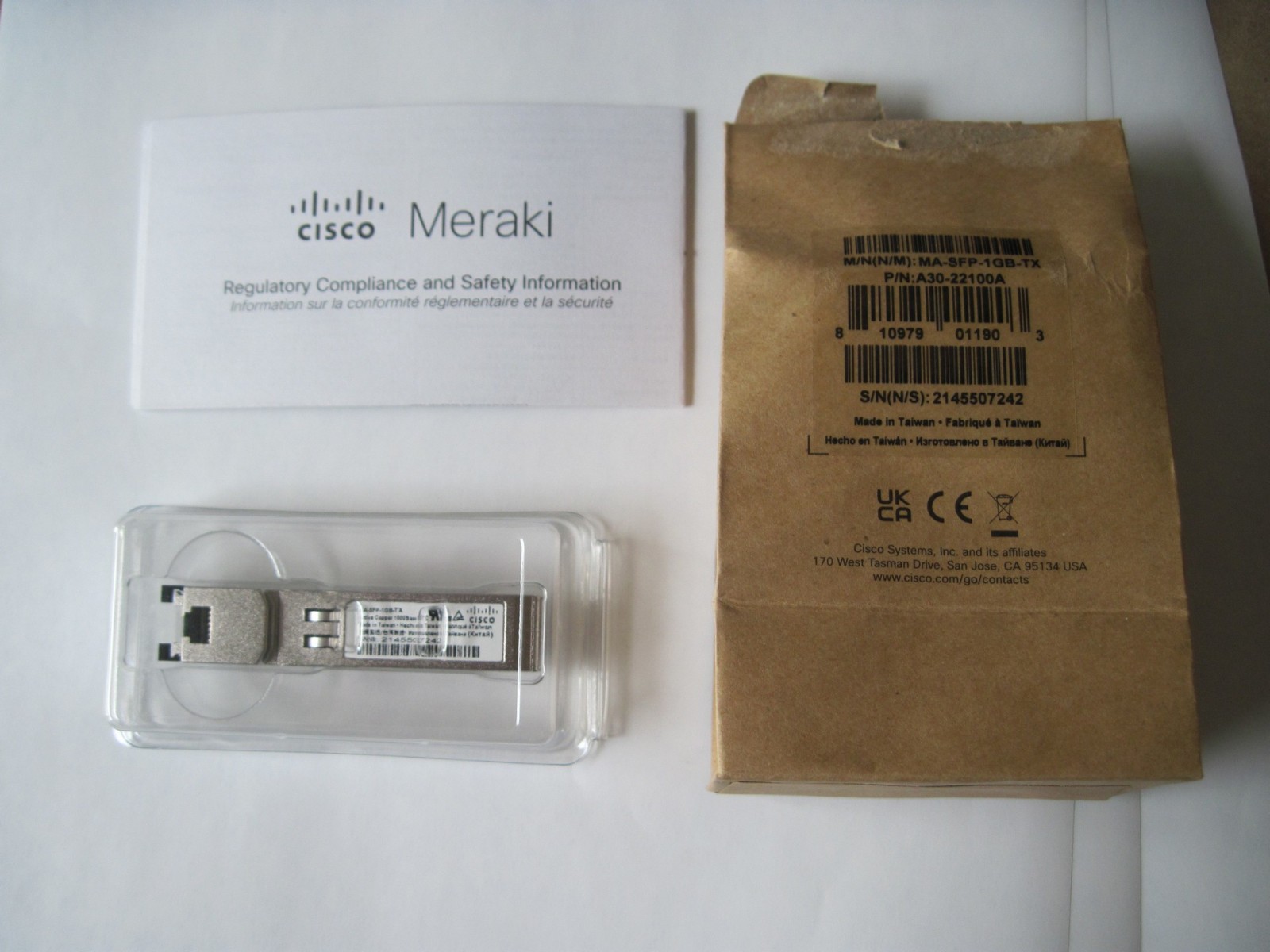 Cisco Meraki MA-SFP-1GB-TX 1GBE SFP Copper Transceiver Module, NEW SEALED PKG