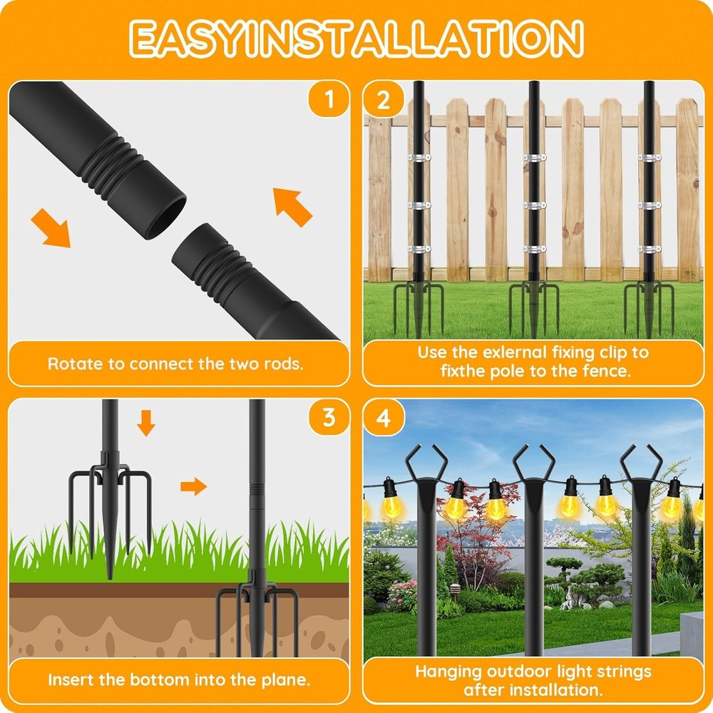 6 Pack String Light Poles, Outdoor Pole 10ft 6 Pack, Black