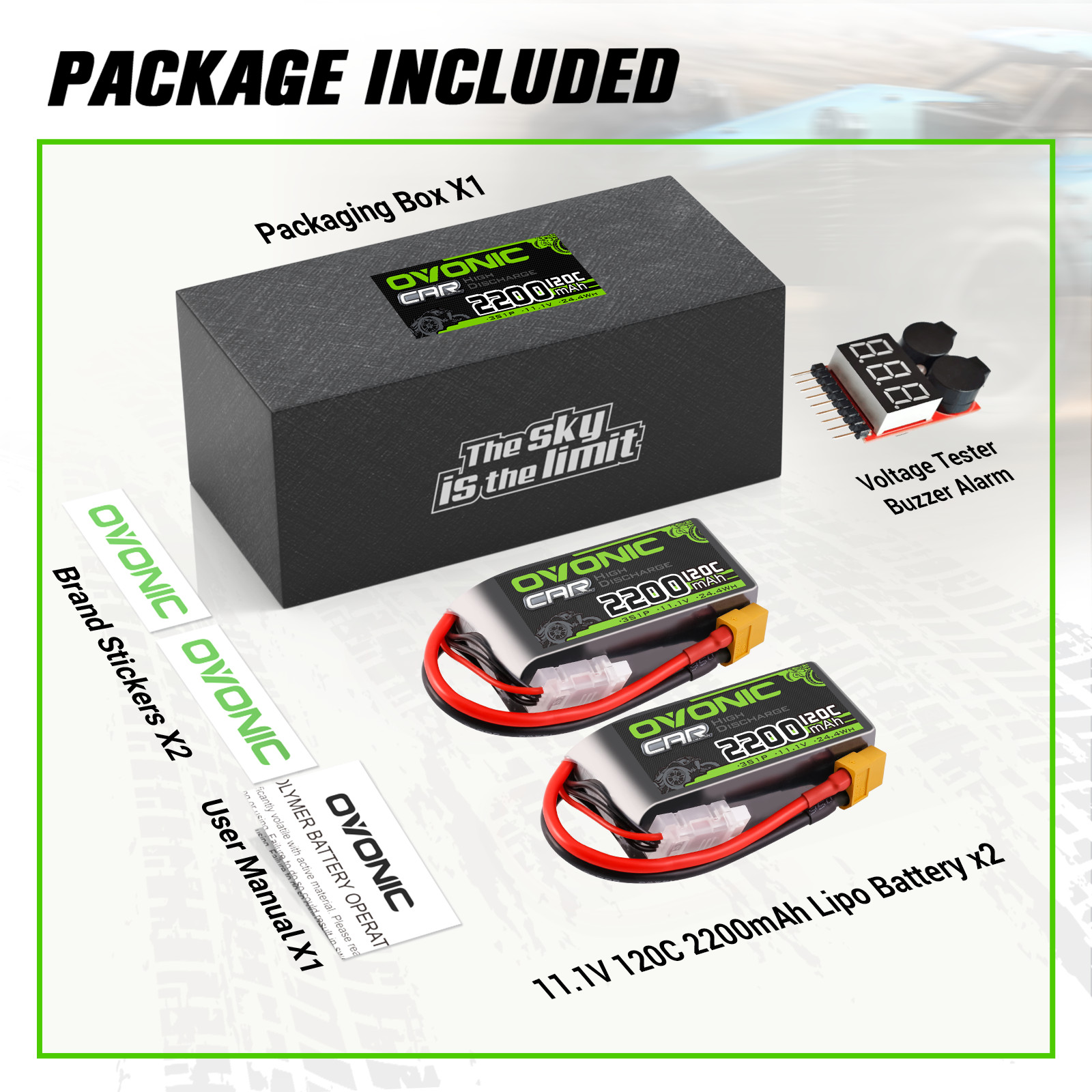 2X OVONIC 11.1V 120C 2200mah 3S Lipo Battery XT60 With 1-8S Lipo Voltage Tester