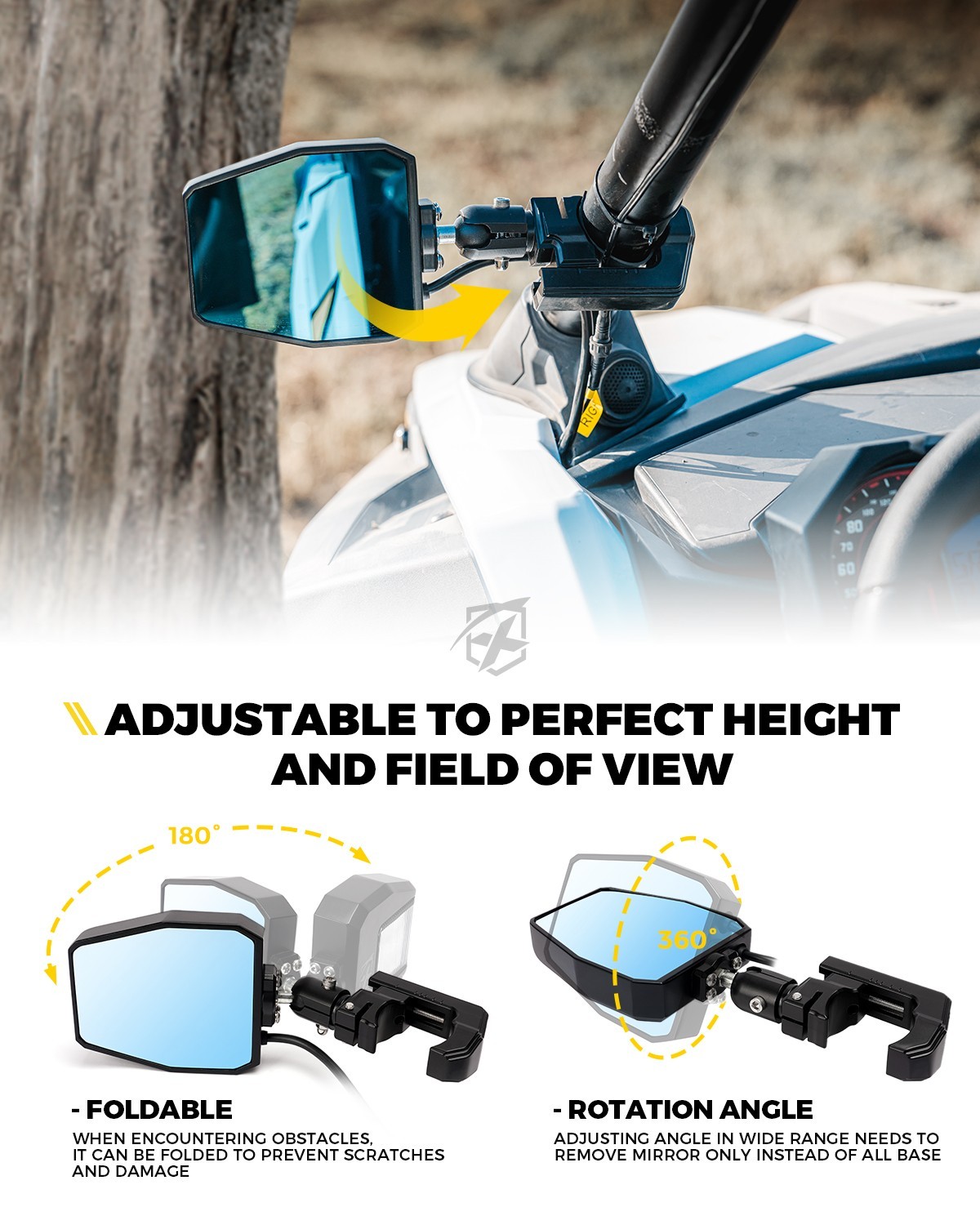 UTV Rear View Side Mirrors w/ Yellow Spot Light for 1.75"-2" Roll Bar Adjustable