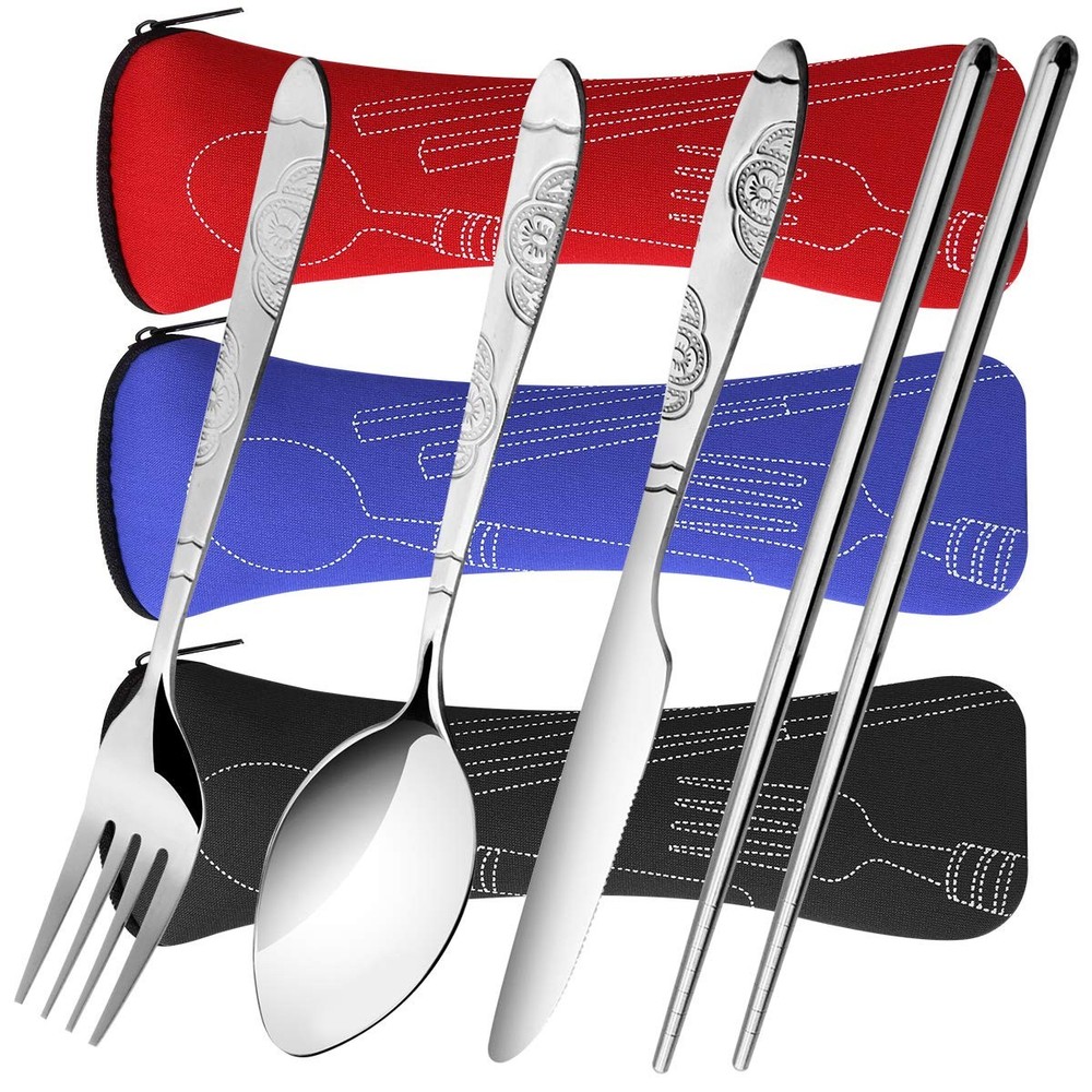 3 Pack Reusable Flatware Sets , Fork, Spoon, Chopsticks, 12Pcs Portable Trave...