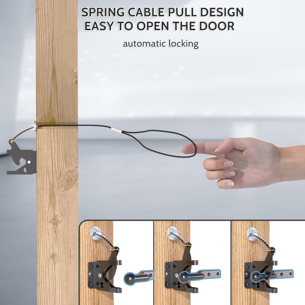 Gate Latch with Spring Cable Pull for Fence Gate - Carbon Steel - BlackSelf Loc