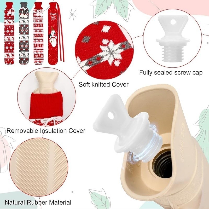 4 Pack Hot Water Bottle w/ Soft Cover, 2 Liter, Long, Natural Rubber, Christmas